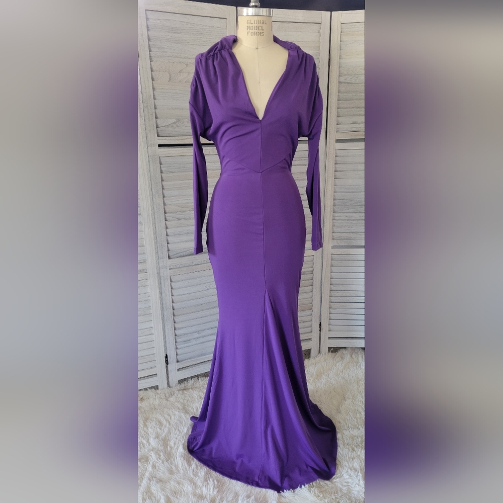 Purple mermaid dress deep v neck fitted long sleeve ruched shoulder